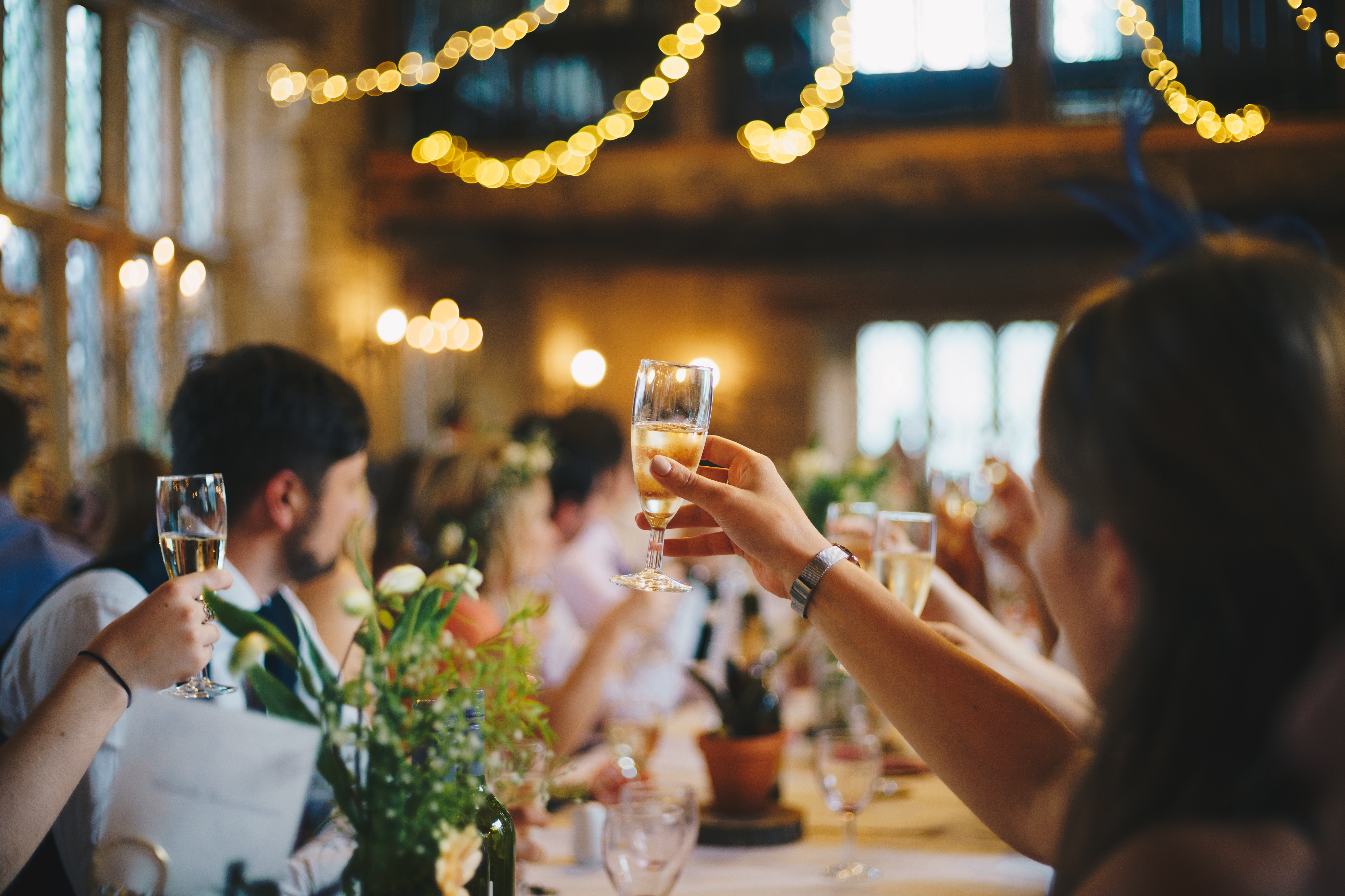 Multiple people raises their glasses at venue party.